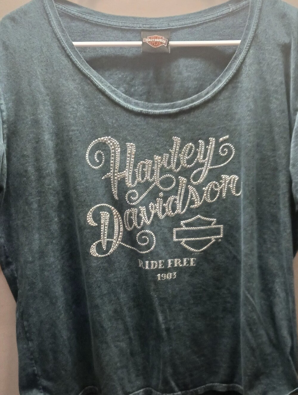 Harley-Davidson Teal Green Long Sleeve Rhinestone Logo Tee
